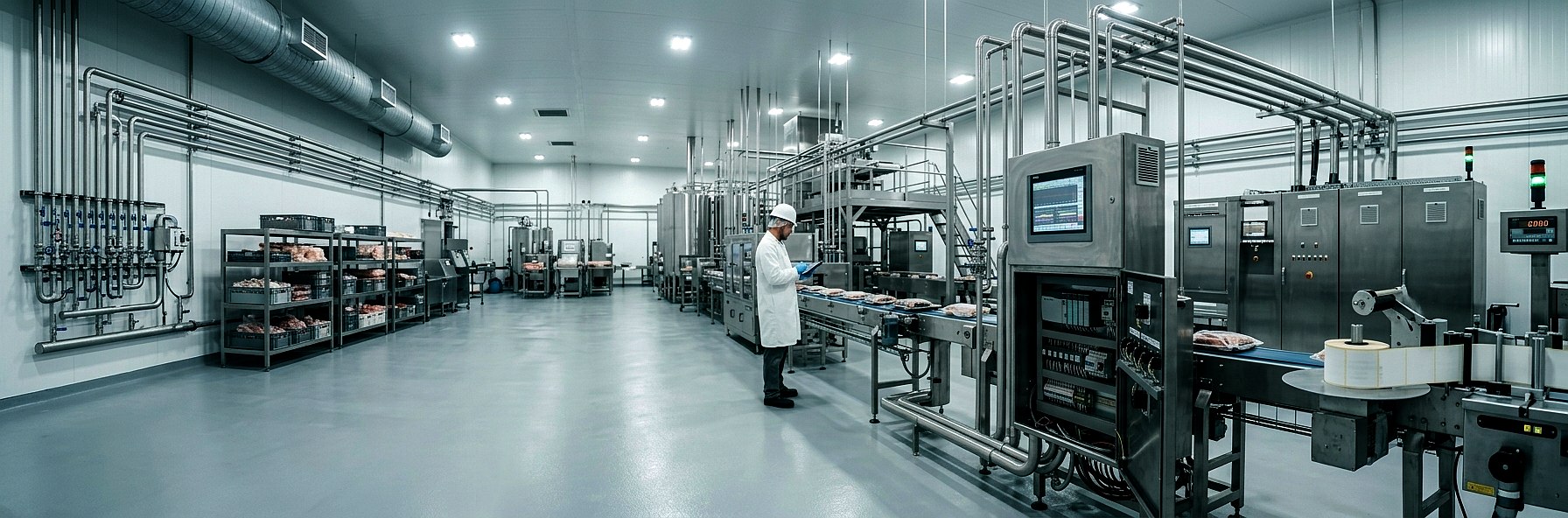Línea de proceso alimenticio con personal de bata