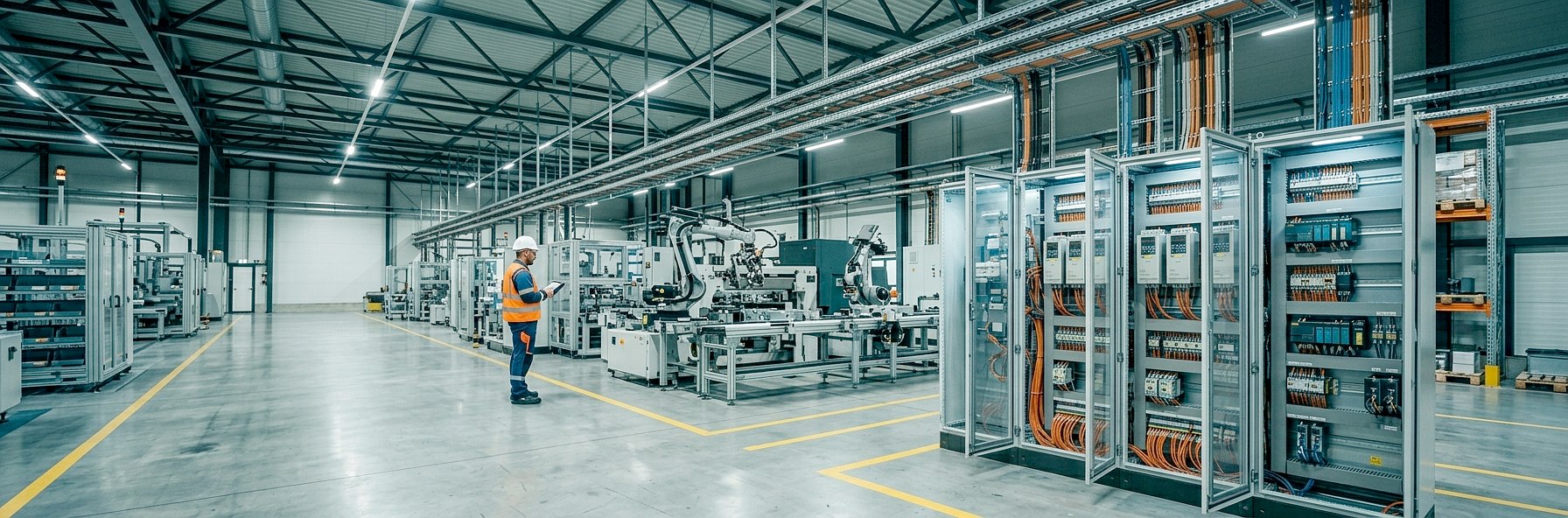 Piso de manufactura con tableros de control y robots