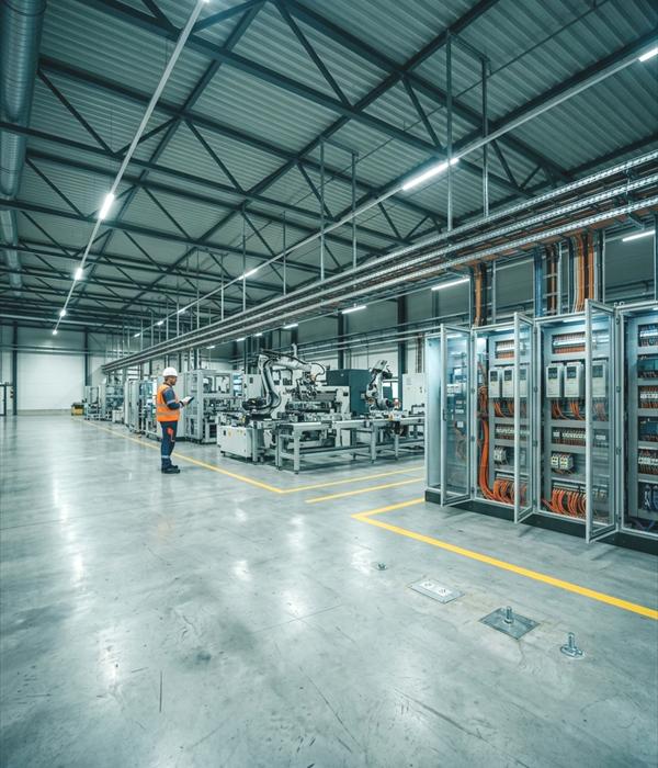 Piso de manufactura con tableros de control y robots